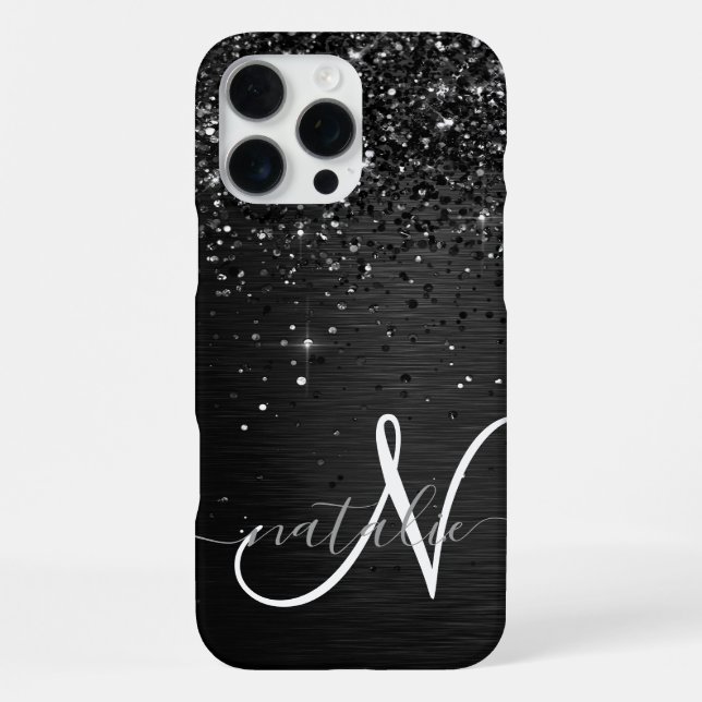  Custom Black Glitter Sparkle Monogram iPhone Case (Back)