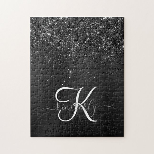 Custom Black Glitter Sparkle Monogram Jigsaw Puzzle (Vertical)