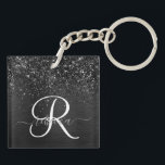 Custom Black Glitter Sparkle Monogram Key Ring<br><div class="desc">Easily personalise this trendy elegant keychain design featuring pretty black sparkling glitter on a black brushed metallic background.</div>