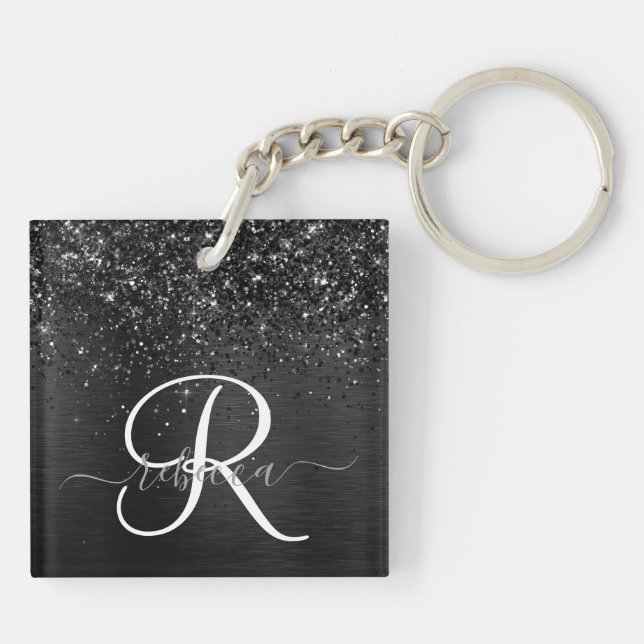 Custom Black Glitter Sparkle Monogram Key Ring (Back)