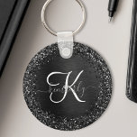 Custom Black Glitter Sparkle Monogram Key Ring<br><div class="desc">Easily personalize this trendy elegant keychain design featuring pretty black sparkling glitter on a black brushed metallic background.</div>