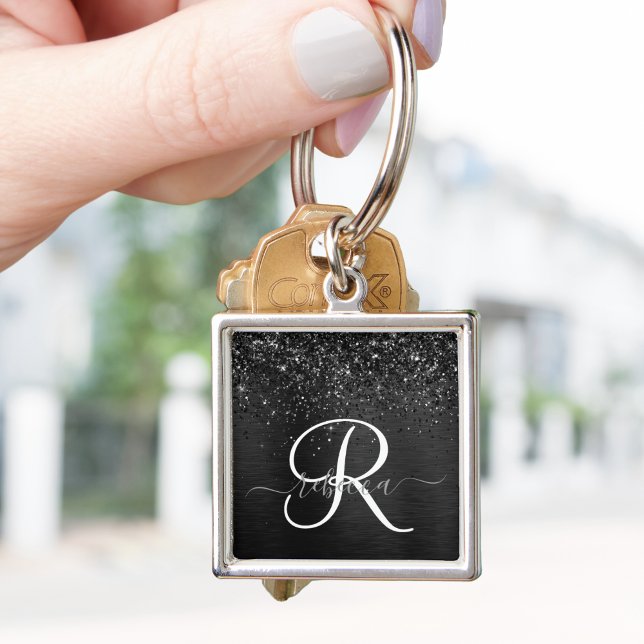 Custom Black Glitter Sparkle Monogram Key Ring (Creator Uploaded)