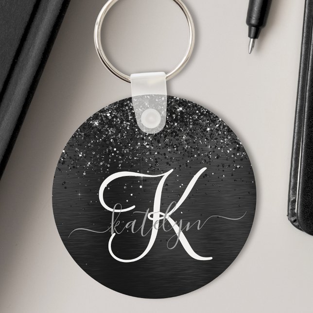 Custom Black Glitter Sparkle Monogram Key Ring (Creator Uploaded)