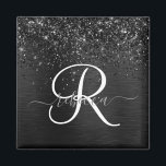 Custom Black Glitter Sparkle Monogram Magnet<br><div class="desc">Easily personalise this trendy elegant magnet design featuring pretty black sparkling glitter on a black brushed metallic background.</div>