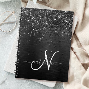 Custom Black Glitter Sparkle Monogram Notebook
