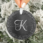 Custom Black Glitter Sparkle Monogram Ornament<br><div class="desc">Easily personalise this trendy elegant ornament design featuring pretty black sparkling faux glitter on a black brushed metallic background.</div>