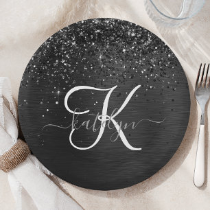 Custom Black Glitter Sparkle Monogram Paper Plate