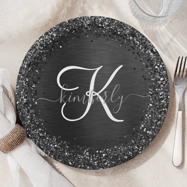 Custom Black Glitter Sparkle Monogram Paper Plate (Creator Uploaded)
