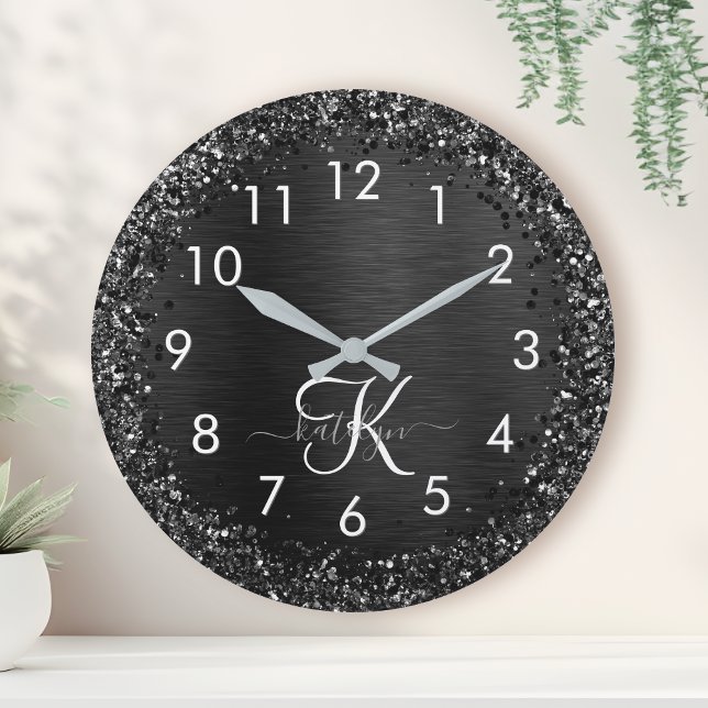 Custom Black Glitter Sparkle Monogram Round Clock (Creator Uploaded)