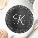 Custom Black Glitter Sparkle Monogram Round Paper Coaster<br><div class="desc">Easily personalise this trendy elegant paper coaster design featuring pretty black sparkling glitter on a black brushed metallic background.</div>