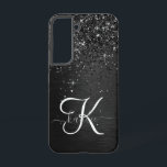 Custom Black Glitter Sparkle Monogram Samsung Galaxy Case<br><div class="desc">Easily personalise this trendy elegant phone case design featuring pretty black sparkling glitter on a black brushed metallic background.</div>