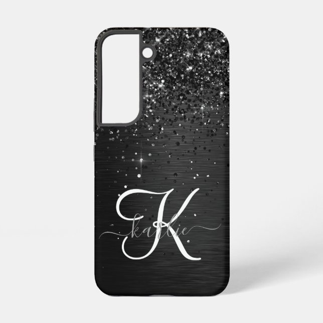 Custom Black Glitter Sparkle Monogram Samsung Galaxy S22 Case (Back)