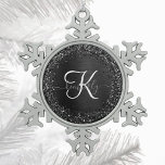 Custom Black Glitter Sparkle Monogram Snowflake Pewter Christmas Ornament<br><div class="desc">Easily personalise this trendy elegant ornament design featuring pretty black sparkling glitter on a black brushed metallic background.</div>