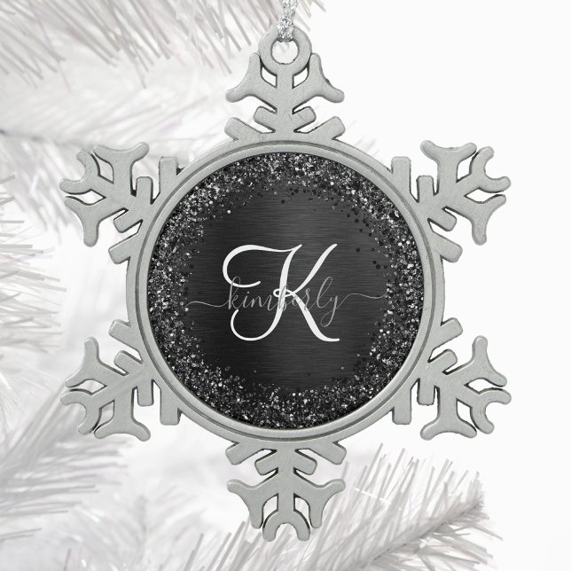Custom Black Glitter Sparkle Monogram Snowflake Pewter Christmas Ornament (Creator Uploaded)