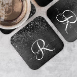 Custom Black Glitter Sparkle Monogram Square Paper Coaster<br><div class="desc">Easily personalise this trendy elegant square paper coaster design featuring pretty black sparkling glitter on a black brushed metallic background.</div>