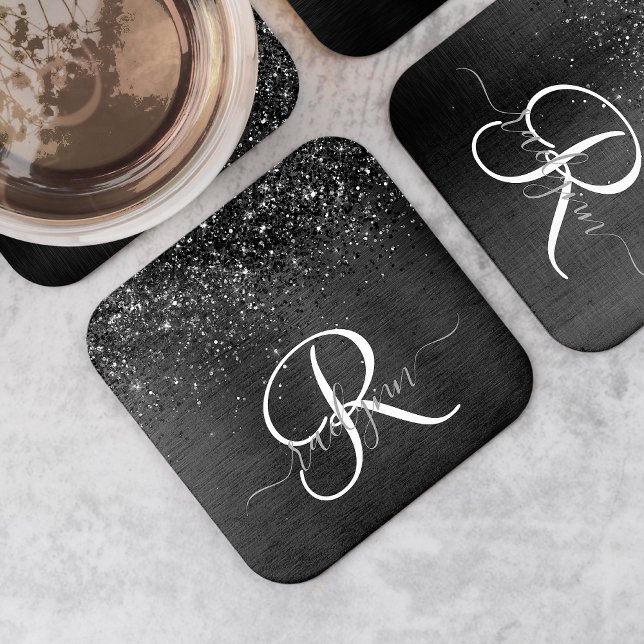Custom Black Glitter Sparkle Monogram Square Paper Coaster (Creator Uploaded)