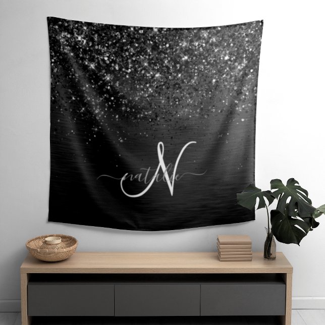 Custom Black Glitter Sparkle Monogram Tapestry (Creator Uploaded)
