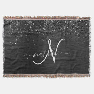 Custom Black Glitter Sparkle Monogram Throw Blanket