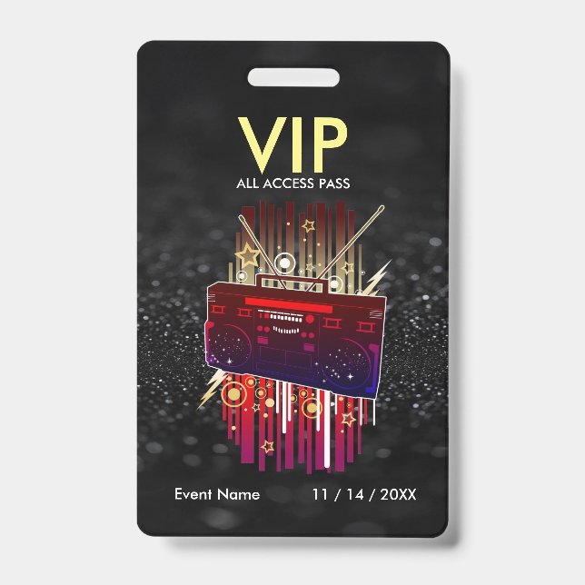 Custom Black Glitter VIP Pass For Events ID Badge (Front)