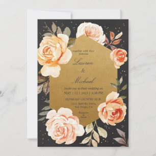 Custom Black Gold and Roses Peach Flowers Wedding Invitation