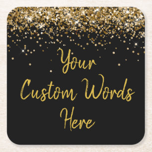 Custom Black & Gold Birthday Party Favor Glitter  Square Paper Coaster