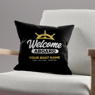  Custom Black & Gold Boat Name Welcome Aboard Cushion