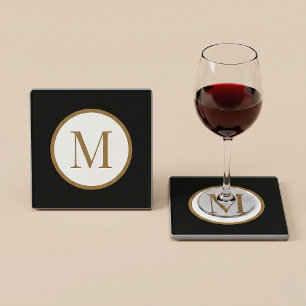 Custom Black & Gold Center Seal Monogram Glass Coaster