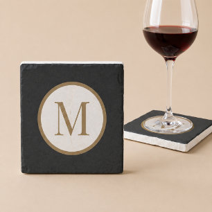 Custom Black & Gold Center Seal Monogram Stone Coaster