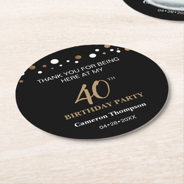 Custom Black Gold Confetti 40th Birthday Party Round Paper Coaster (Angled)