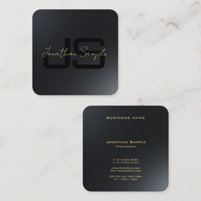 Custom Black & Gold Elegant Monogram Initials Square Business Card (Front/Back)