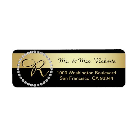 Custom Black Gold Foil Diamond Monogram Letter Return Address Label