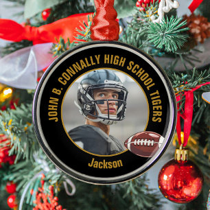 Custom Black Gold Football Player Photo Christmas Metal Tree Decoration