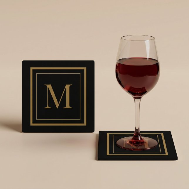 Custom Black & Gold Framed Monogram Glass Coaster (Creator Uploaded)