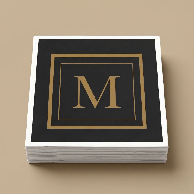 Custom Black & Gold Framed Monogram Napkin (Creator Uploaded)