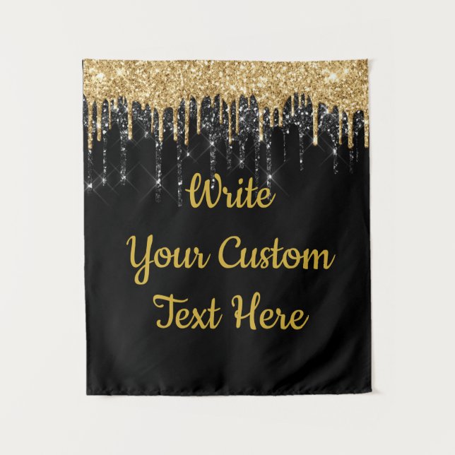 Custom Black Gold Glitter Birthday Booth Backdrop Tapestry (Front)