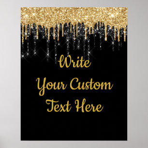 Custom Black Gold Glitter Birthday Photo Prop Poster