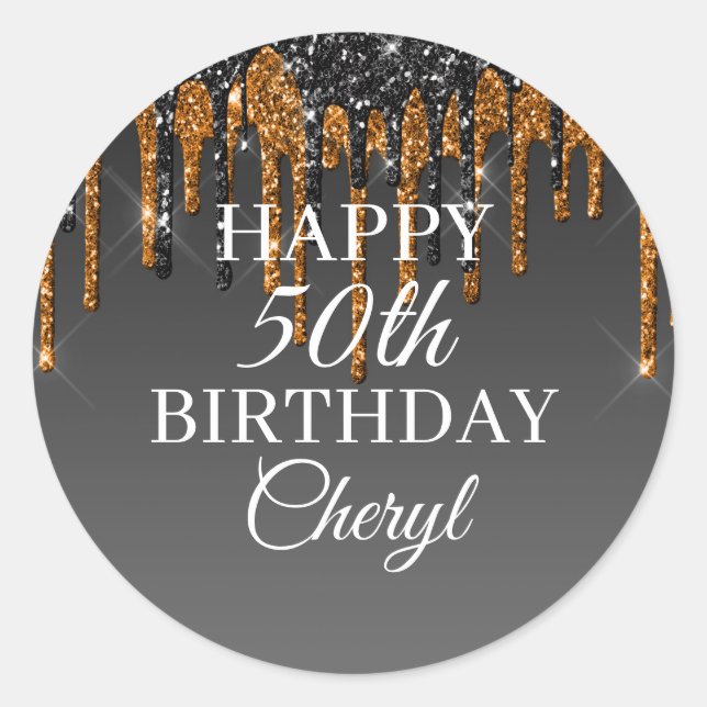 Custom Black & Gold Glitter Drip Happy Birthday Classic Round Sticker (Front)