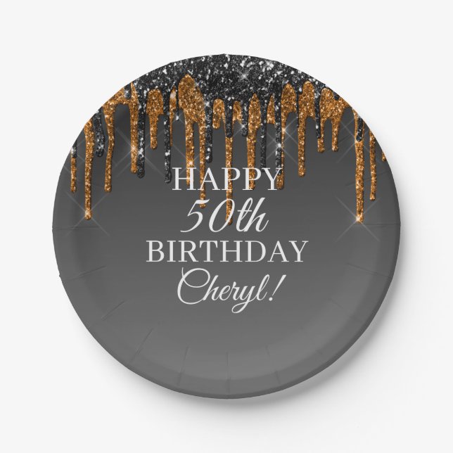 Custom Black & Gold Glitter Drip Happy Birthday Paper Plate (Front)