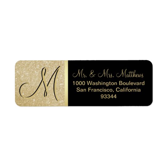 Custom Black Gold Glitter Monogram Letter Return Return Address Label