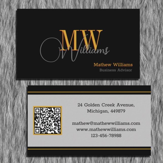 Custom Black, Gold, Grey & QR Code, Monogram Business Card (Creator Uploaded)