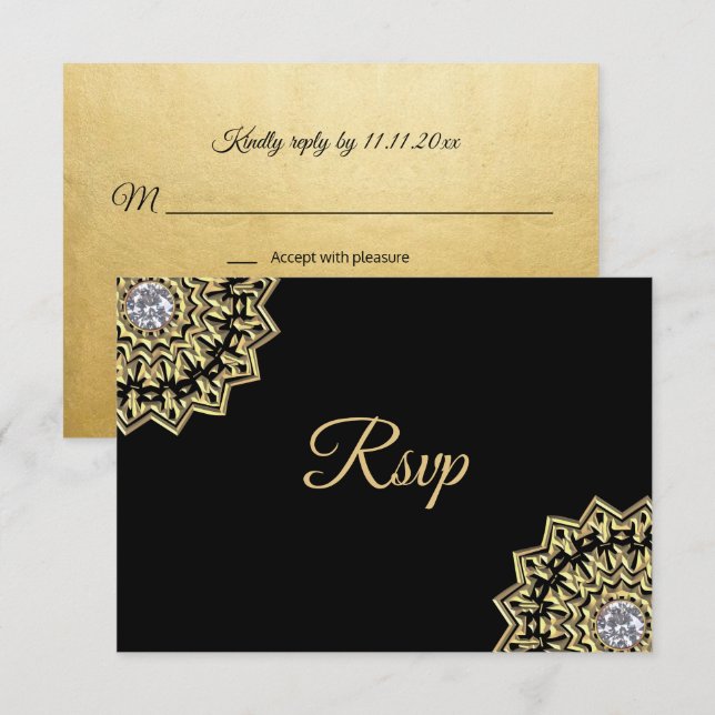 Custom Black Gold Indian Mandala RSVP Wedding Invitation (Front/Back)