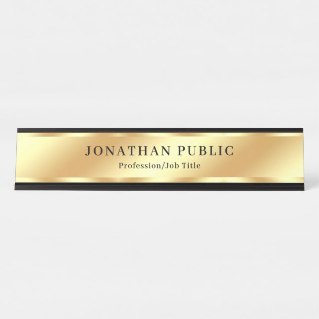 Custom Black & Gold Modern Elegant Template Luxury Desk Name Plate (Front)