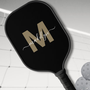 Custom Black Gold Modern Script Name Monogram Pickleball Paddle