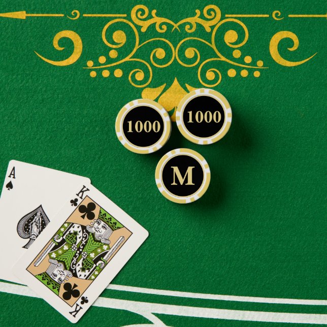 Custom Black Gold Monogram 1000 Tournament Game Poker Chips (Poker Table (Stack))