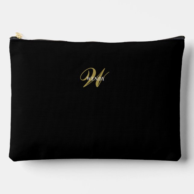 Custom Black Gold Monogram Minimalist Makeup  Accessory Pouch (Front)