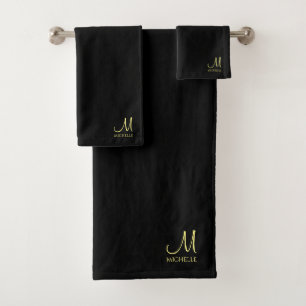 Custom Black & Gold Name Hand Script Monogram Bath Towel Set