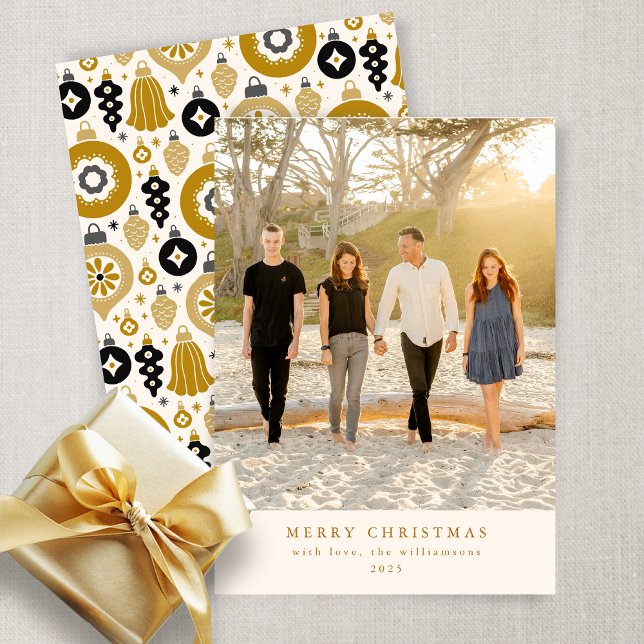 Custom Black Gold Ornament Photo Flat Christmas Holiday Card (Creator Uploaded)
