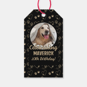 Custom Black Gold Photo Paw Print Dog Birthday Gift Tags