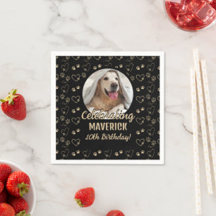 Custom Black Gold Photo Paw Print Dog Birthday Napkin