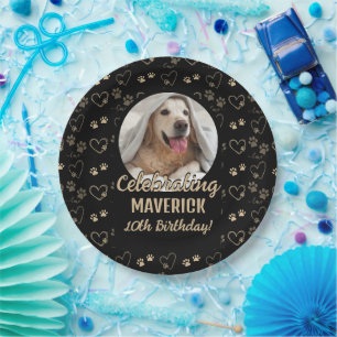 Custom Black Gold Photo Paw Print Dog Birthday Paper Plate